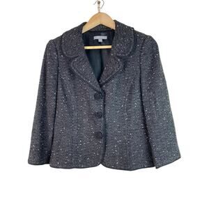 Ann Taylor Women's 6 Charcoal Gray Tweed Beaded Button Pleated Trim Blazer *